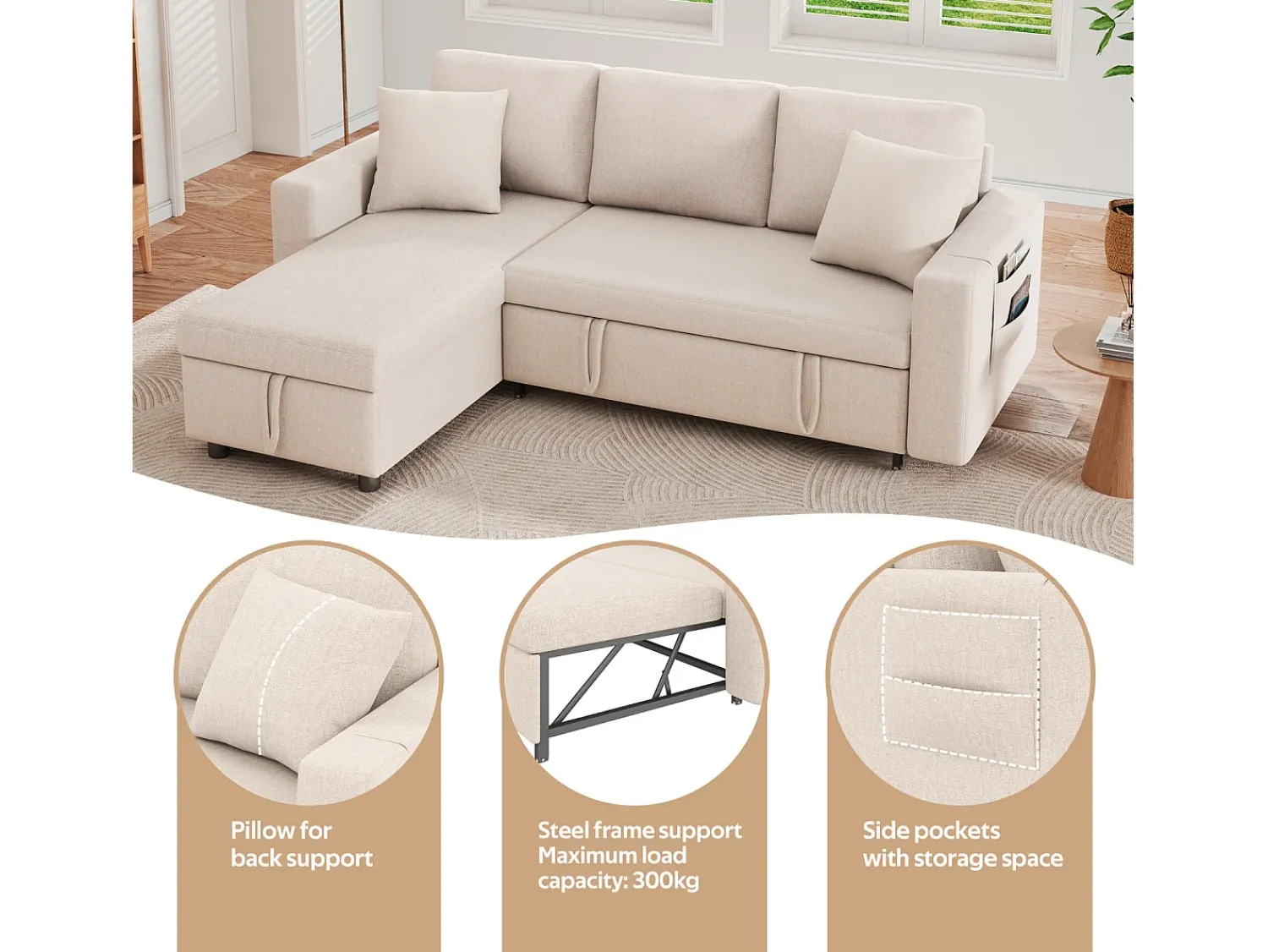 Sofá|Hauss Spole Sofá convertível em L de 3 lugares com função de cama - Chaise longue com espaço de arrumação - Linho Bege