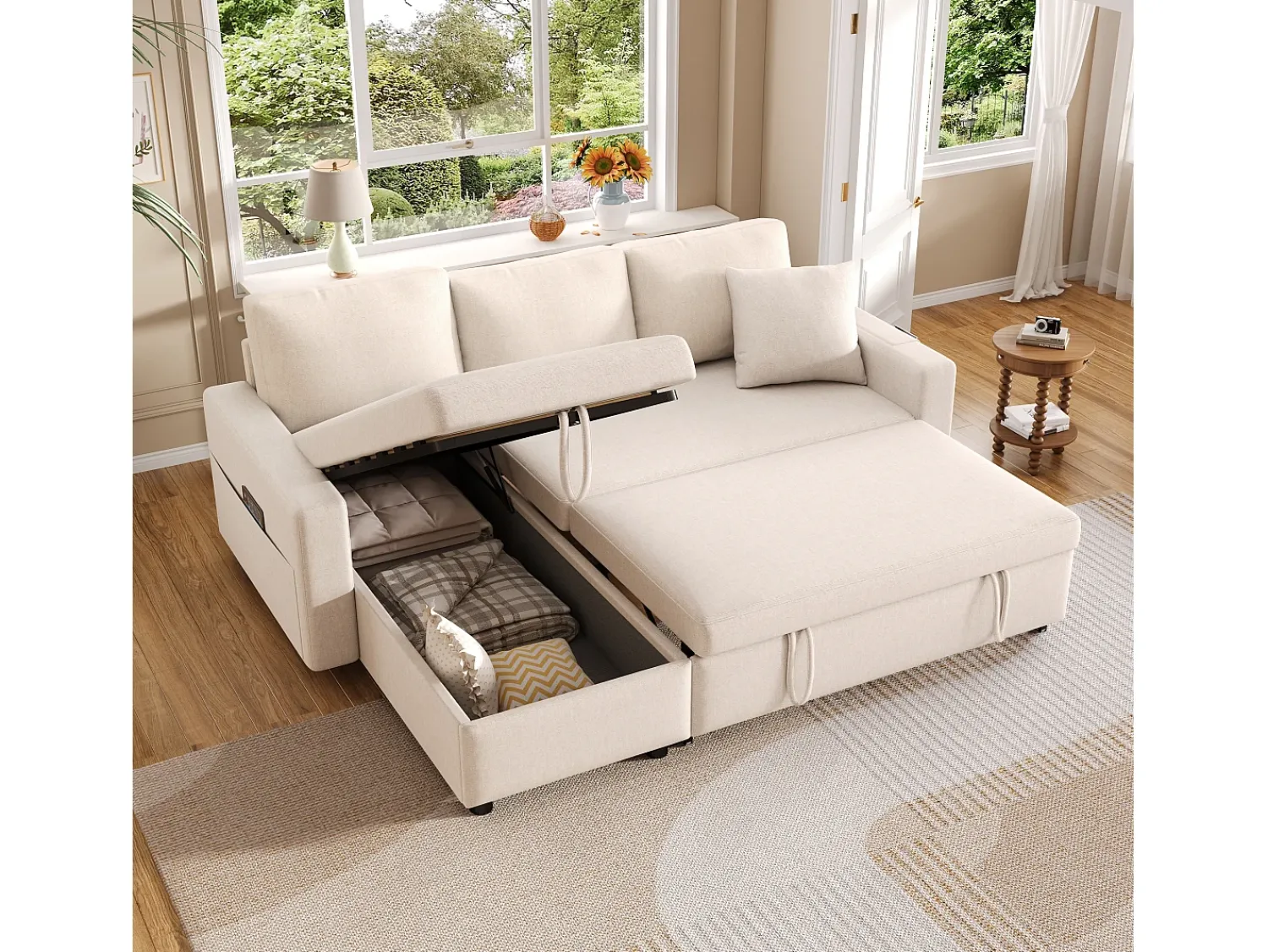 Sofá|Hauss Spole Sofá convertível em L de 3 lugares com função de cama - Chaise longue com espaço de arrumação - Linho Bege