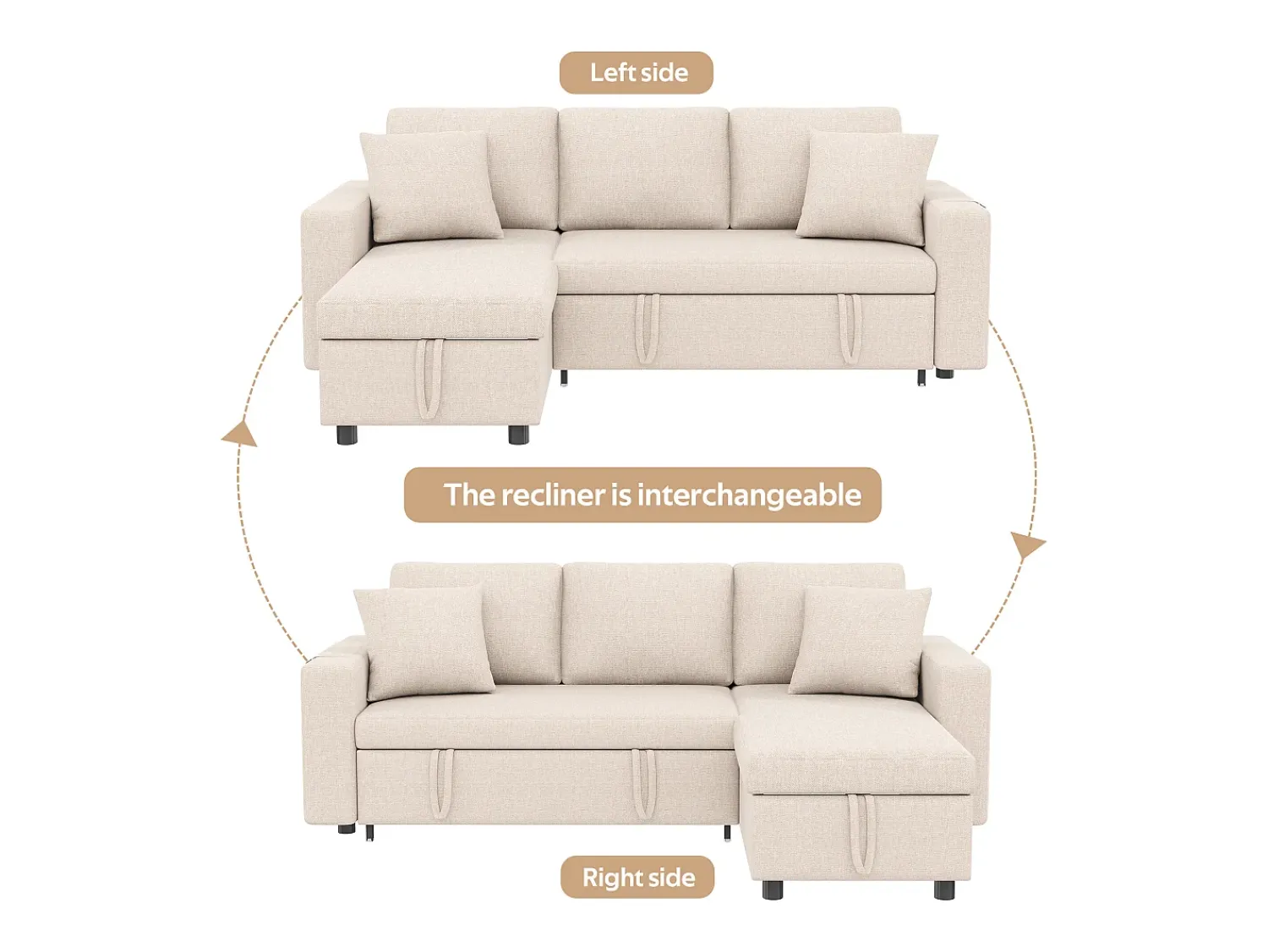 Sofá|Hauss Spole Sofá convertível em L de 3 lugares com função de cama - Chaise longue com espaço de arrumação - Linho Bege