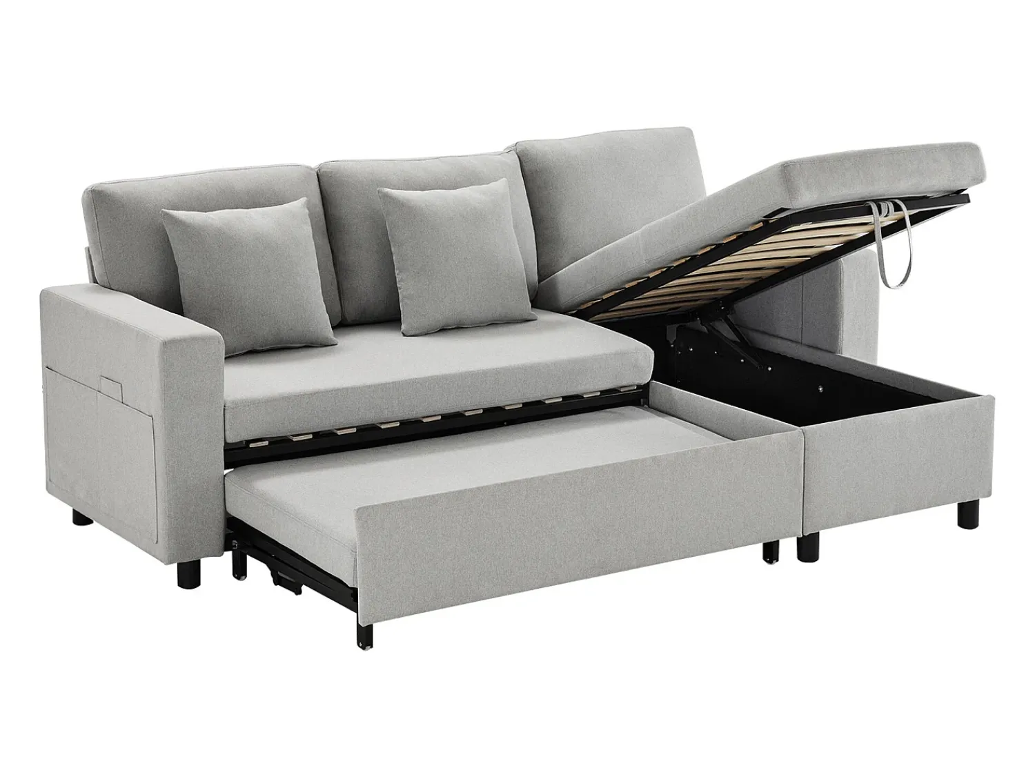 Best Hauss Spole Sofá convertível em L de 3 lugares com função de cama - Chaise longue com espaço de arrumação - Linho cinzento Cinzento claro