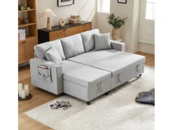 Best Hauss Spole Sofá convertível em L de 3 lugares com função de cama - Chaise longue com espaço de arrumação - Linho cinzento Cinzento claro