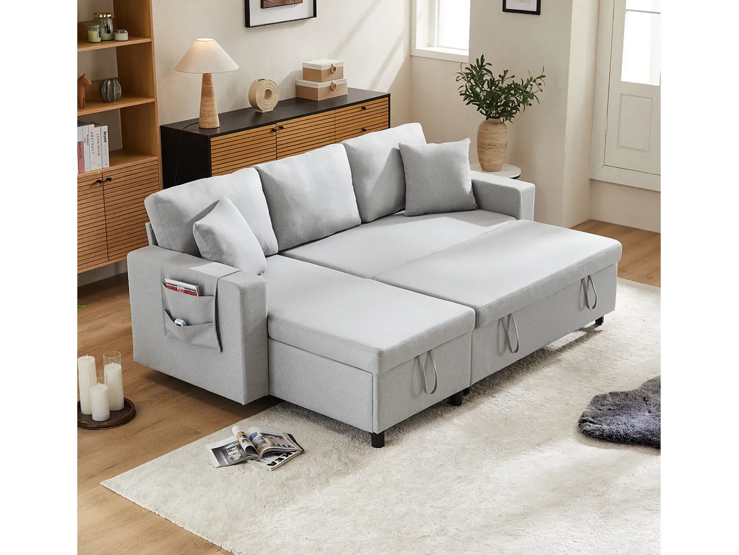 Best Hauss Spole Sofá convertível em L de 3 lugares com função de cama - Chaise longue com espaço de arrumação - Linho cinzento Cinzento claro