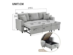 Best Hauss Spole Sofá convertível em L de 3 lugares com função de cama - Chaise longue com espaço de arrumação - Linho cinzento Cinzento claro