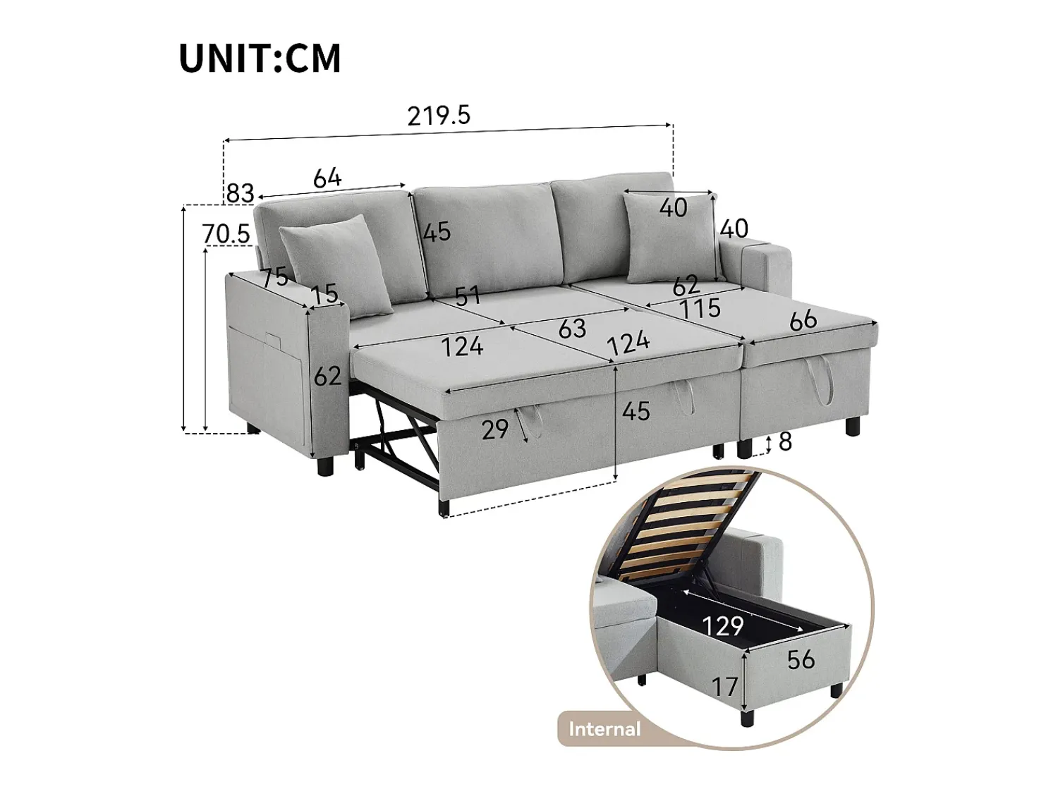 Best Hauss Spole Sofá convertível em L de 3 lugares com função de cama - Chaise longue com espaço de arrumação - Linho cinzento Cinzento claro