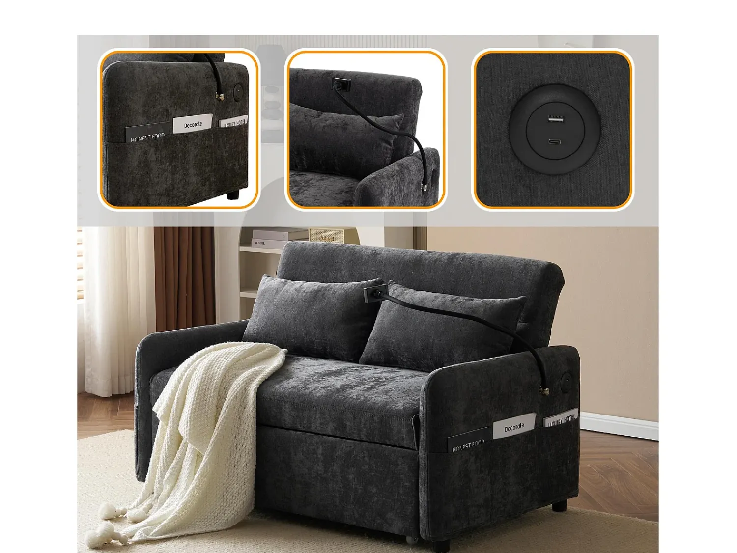 Sofá|ModernLuxe Sofá convertível multiângulo ajustável em tecido chenille - 2 lugares - com suporte para telefone e portas USB - Cinzento
