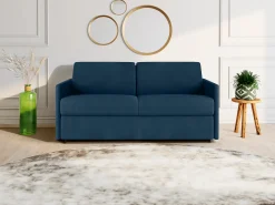 Vente-unique Sofá convertível tecido azul noite assento memória de forma 140 cm ripas largas 14 cm CALIFE^ Sofá