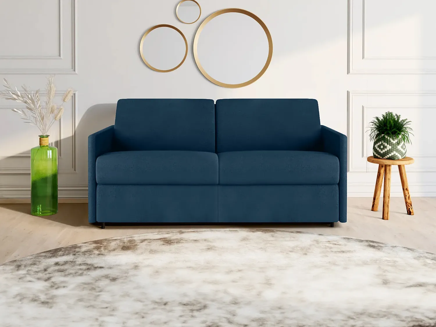 Vente-unique Sofá convertível tecido azul noite assento memória de forma 140 cm ripas largas 14 cm CALIFE^ Sofá