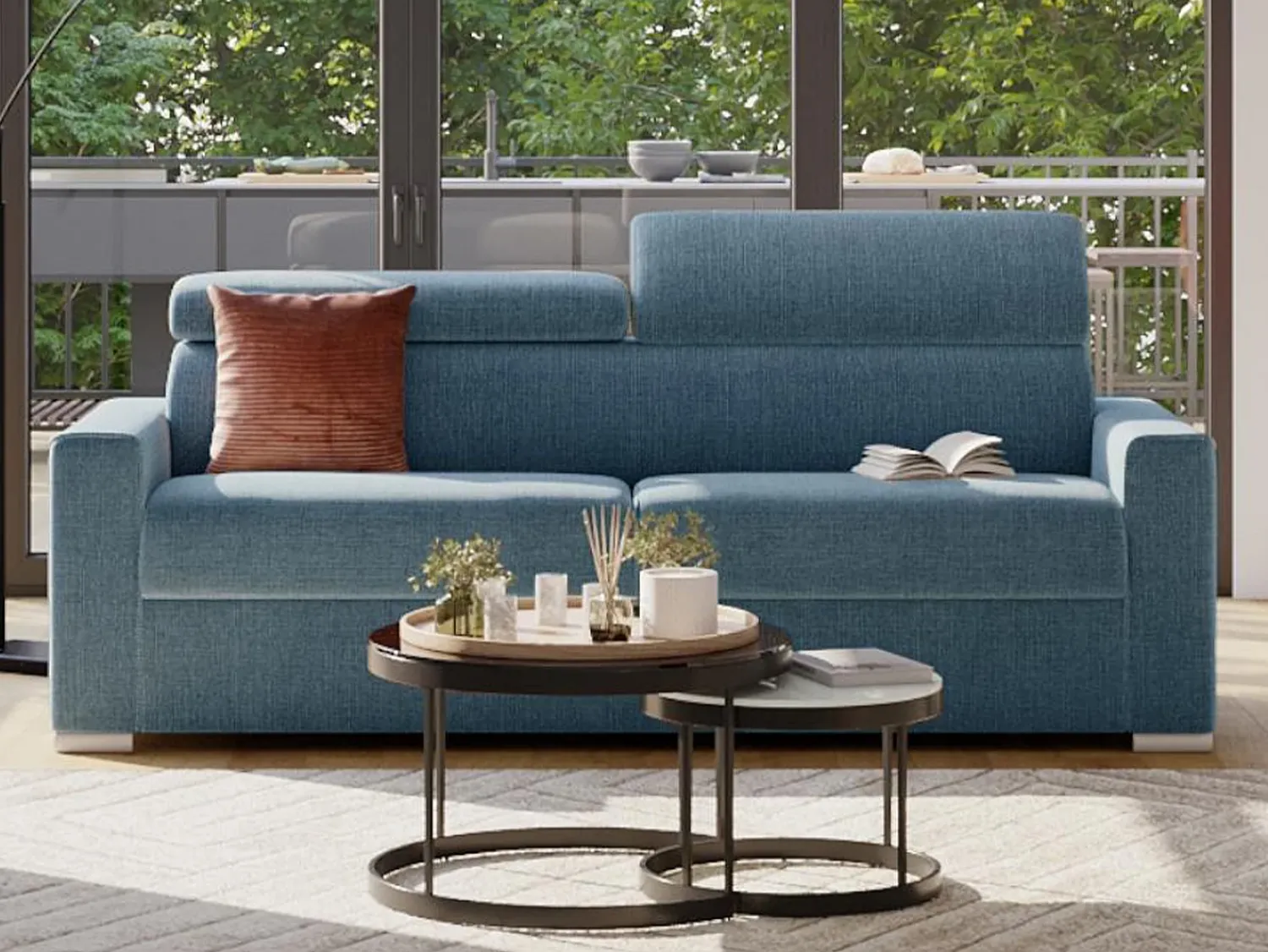 Sofá*Vente-unique Sofá convertível tecido assento memória de forma 140 colchão memória de forma 18cm VIZIR Azul