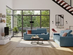 Sofá|Vente-unique Sofá convertível tecido assento memória de forma 140 cm ripas largas 18 cm VIZIR Azul
