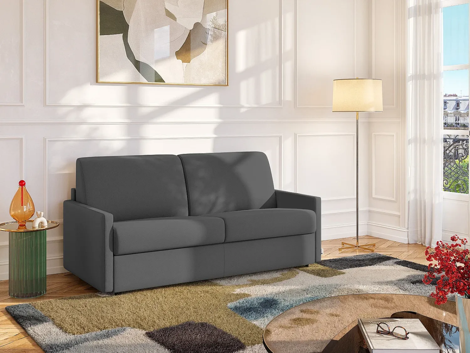 Vente-unique Sofá convertível tecido cinza assento com assento de memória de forma 160 cm ripas largas 14 cm CALIFE^ Sofá
