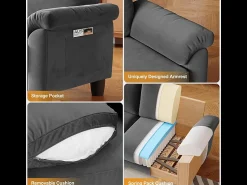 Sofá*DripeX Sofá da sala de estar 2 Lugar em tecido de pista, sofá moderno no meio do século, com bolsa de armazenamento, 178x75x87cm, cinza Cinzento