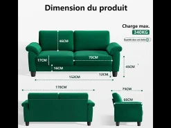 Sofá*DripeX Sofá da sala de estar 2 Lugar em tecido de pista, sofá moderno no meio do século, com bolsa de armazenamento, 178x75x87cm, Verde