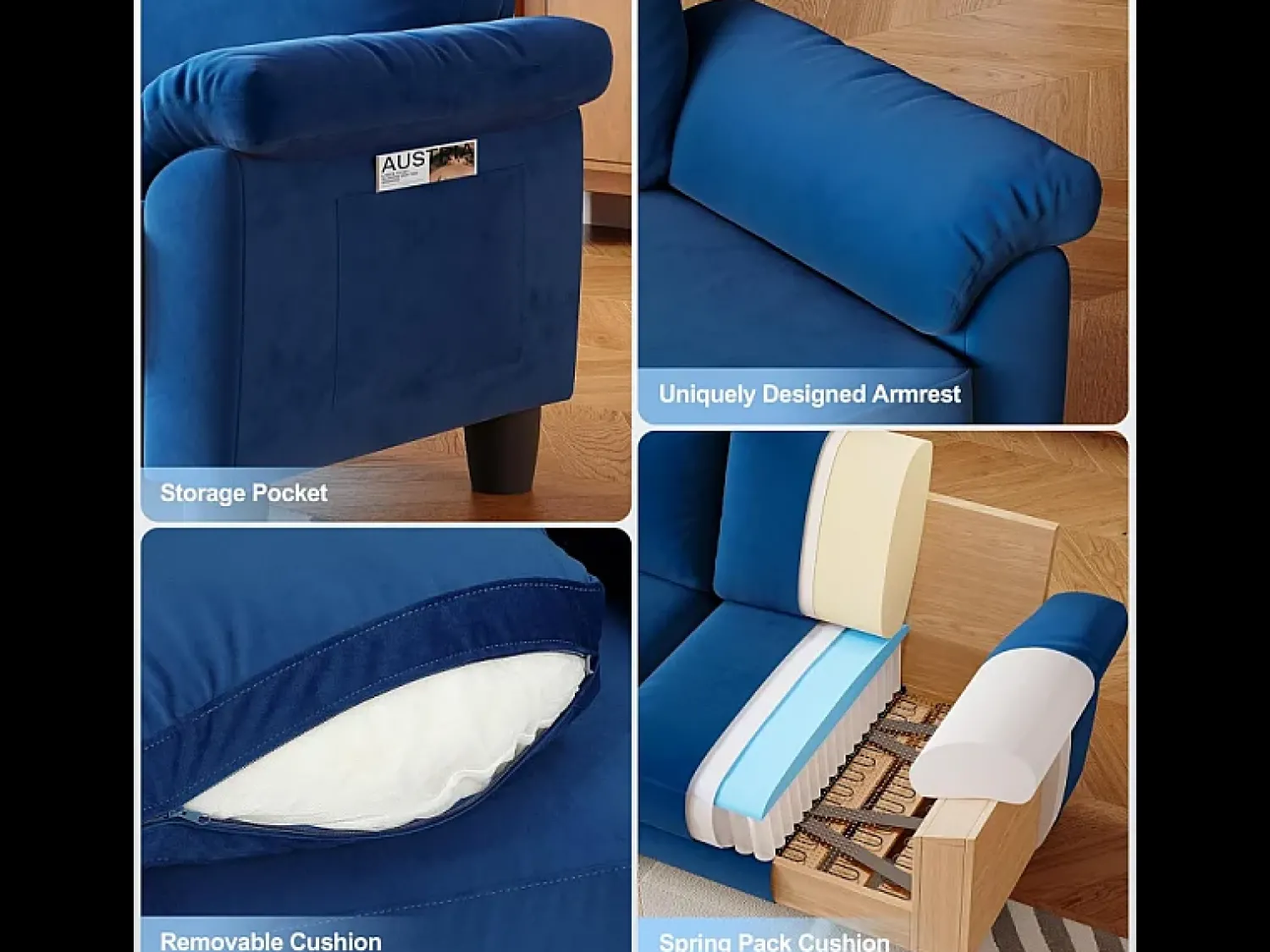 Sofá*DripeX Sofá da sala de estar 2 Lugar no tecido, sofá moderno no meio do século, com bolsa de armazenamento, 178x75x87cm, Azul