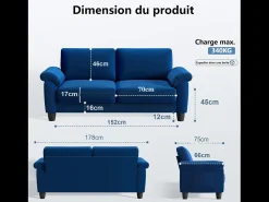 Sofá*DripeX Sofá da sala de estar 2 Lugar no tecido, sofá moderno no meio do século, com bolsa de armazenamento, 178x75x87cm, Azul