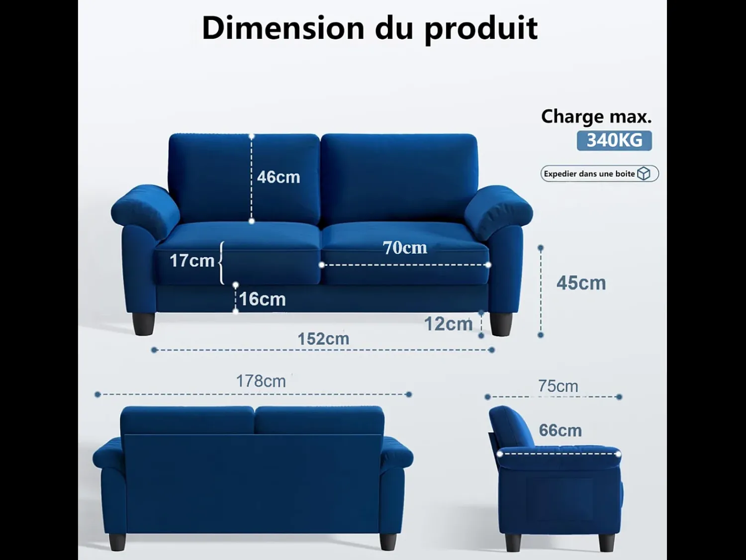 Sofá*DripeX Sofá da sala de estar 2 Lugar no tecido, sofá moderno no meio do século, com bolsa de armazenamento, 178x75x87cm, Azul