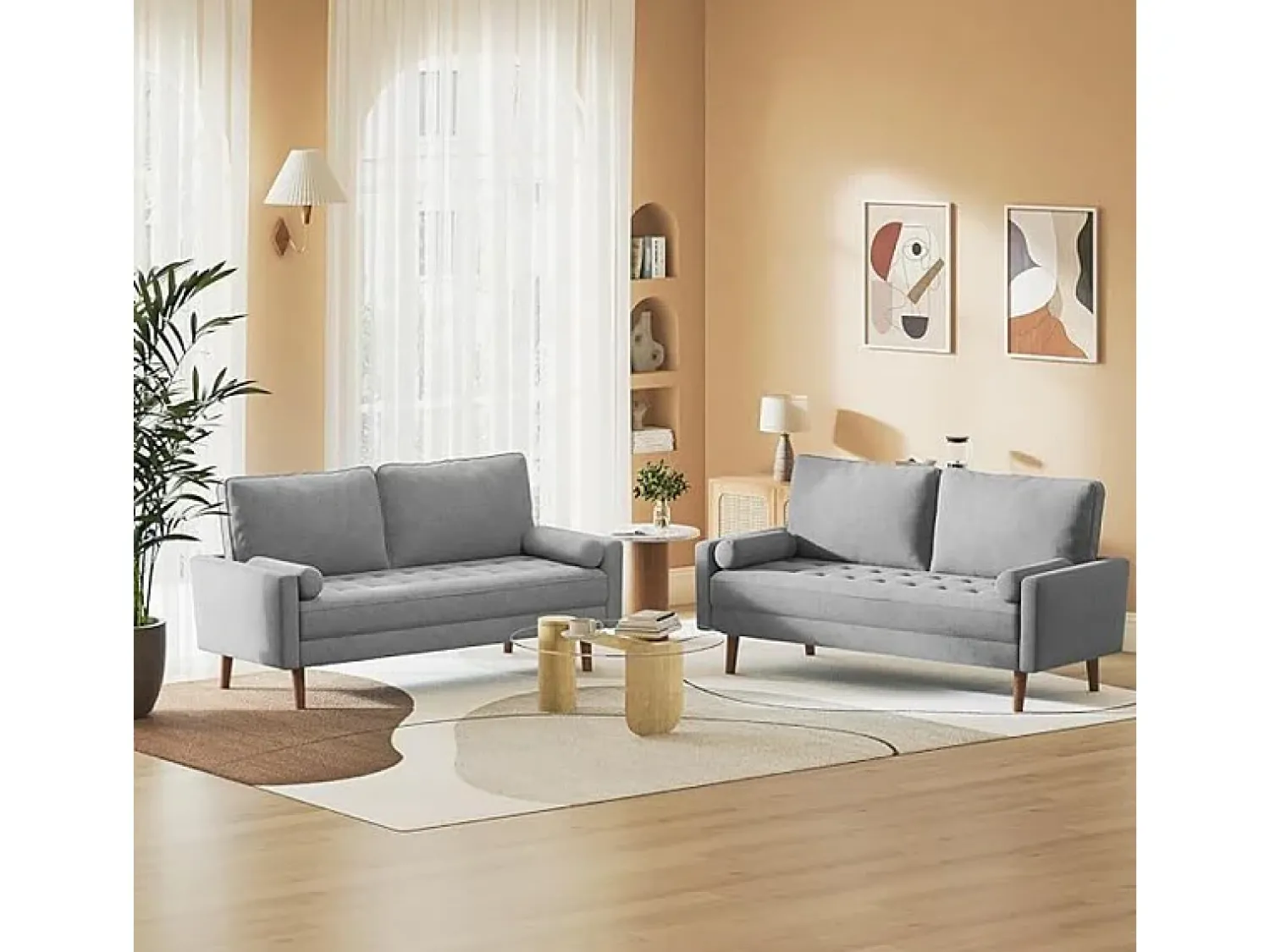 Sofá*DripeX Sofá de 3 - Sofá em tecido de linho cinza - Escandinavo - com 2 travesseiros e apoios de braços - pés de madeira maciça - 173x77x84cm Cinzento