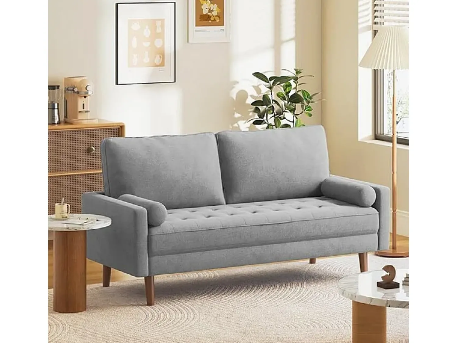 Sofá*DripeX Sofá de 3 - Sofá em tecido de linho cinza - Escandinavo - com 2 travesseiros e apoios de braços - pés de madeira maciça - 173x77x84cm Cinzento