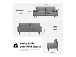 Sofá*DripeX Sofá de 3 - Sofá em tecido de linho cinza - Escandinavo - com 2 travesseiros e apoios de braços - pés de madeira maciça - 173x77x84cm Cinzento