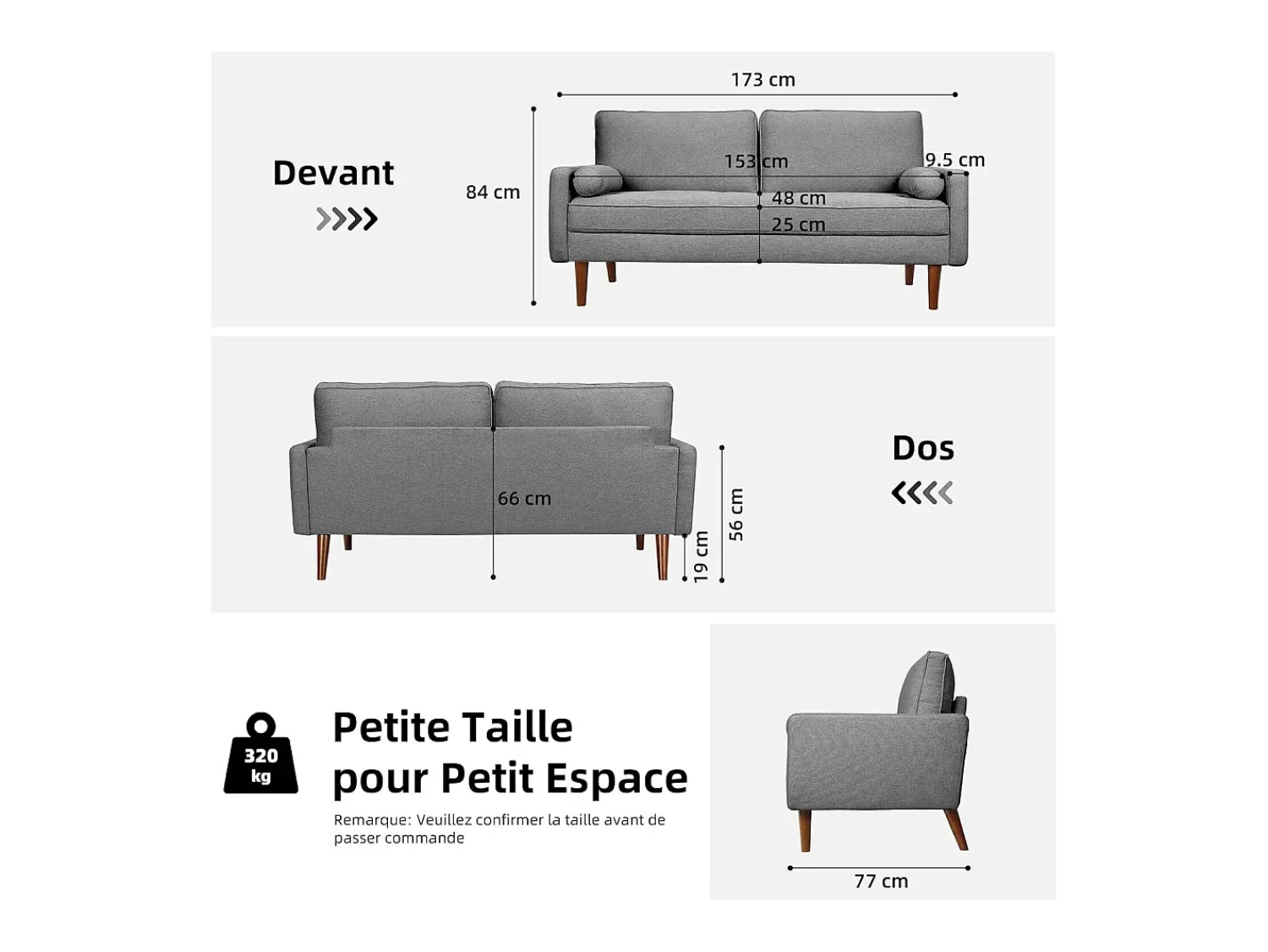 Sofá*DripeX Sofá de 3 - Sofá em tecido de linho cinza - Escandinavo - com 2 travesseiros e apoios de braços - pés de madeira maciça - 173x77x84cm Cinzento