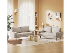 DripeX Sofá de 3 - Sofá em tecido de linho - Escandinavo - com 2 travesseiros e apoios de braços - pés de madeira maciça - 173x77x84cm Bege