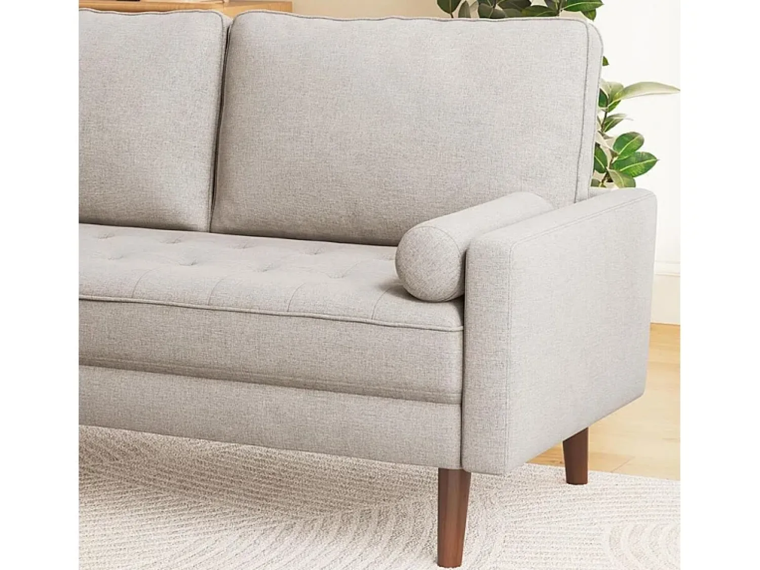 DripeX Sofá de 3 - Sofá em tecido de linho - Escandinavo - com 2 travesseiros e apoios de braços - pés de madeira maciça - 173x77x84cm Bege