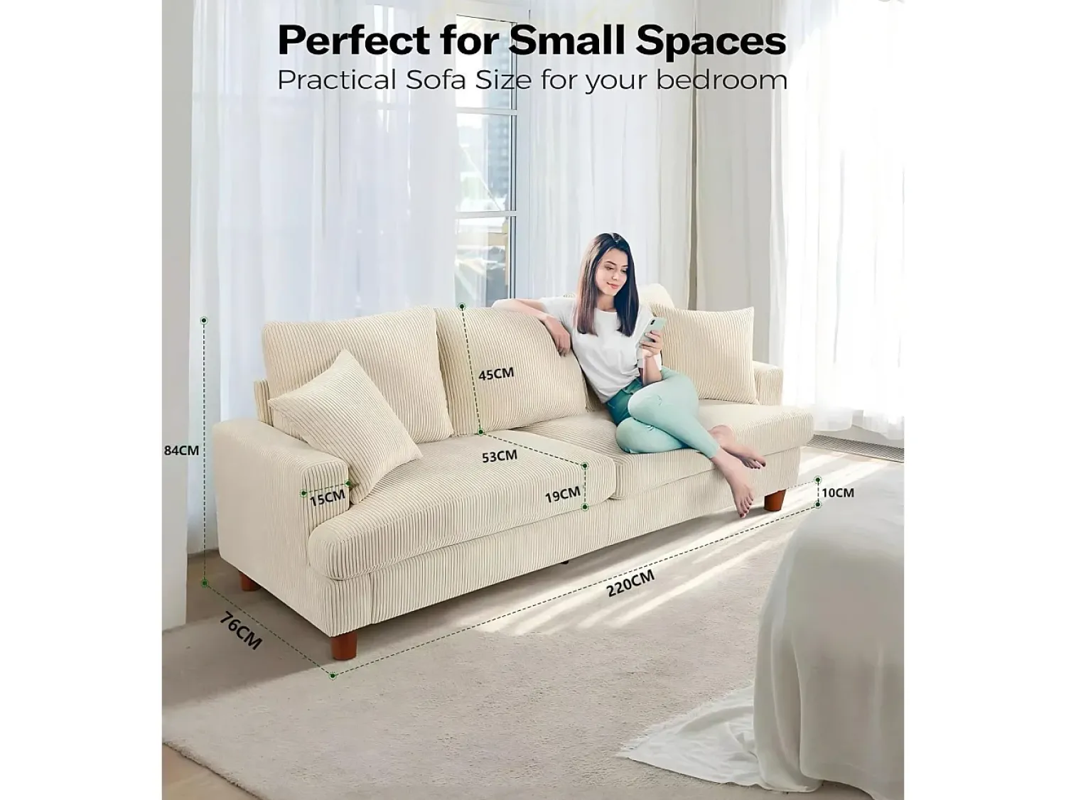 Best DripeX Sofá de 3 de sete em veludo , sofá reto grande, assentos extras profundos de 53 cm, com 2 travesseiros - 220x76x84cm Bege