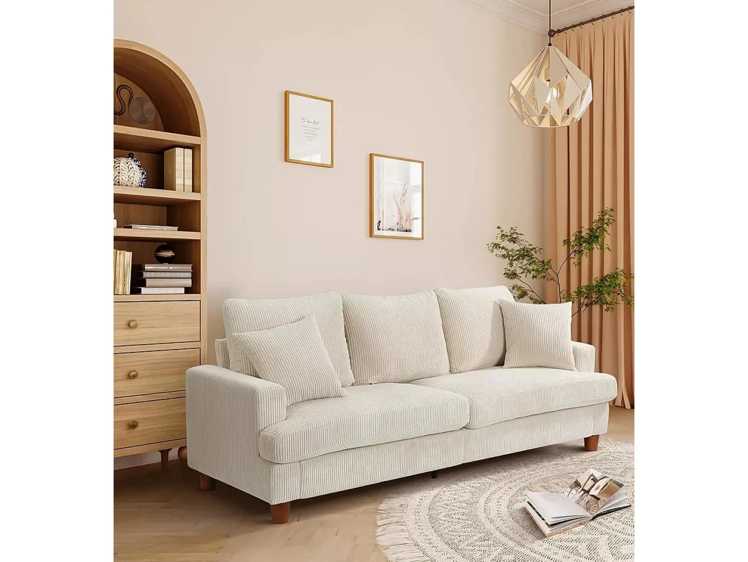 Best DripeX Sofá de 3 de sete em veludo , sofá reto grande, assentos extras profundos de 53 cm, com 2 travesseiros - 220x76x84cm Bege