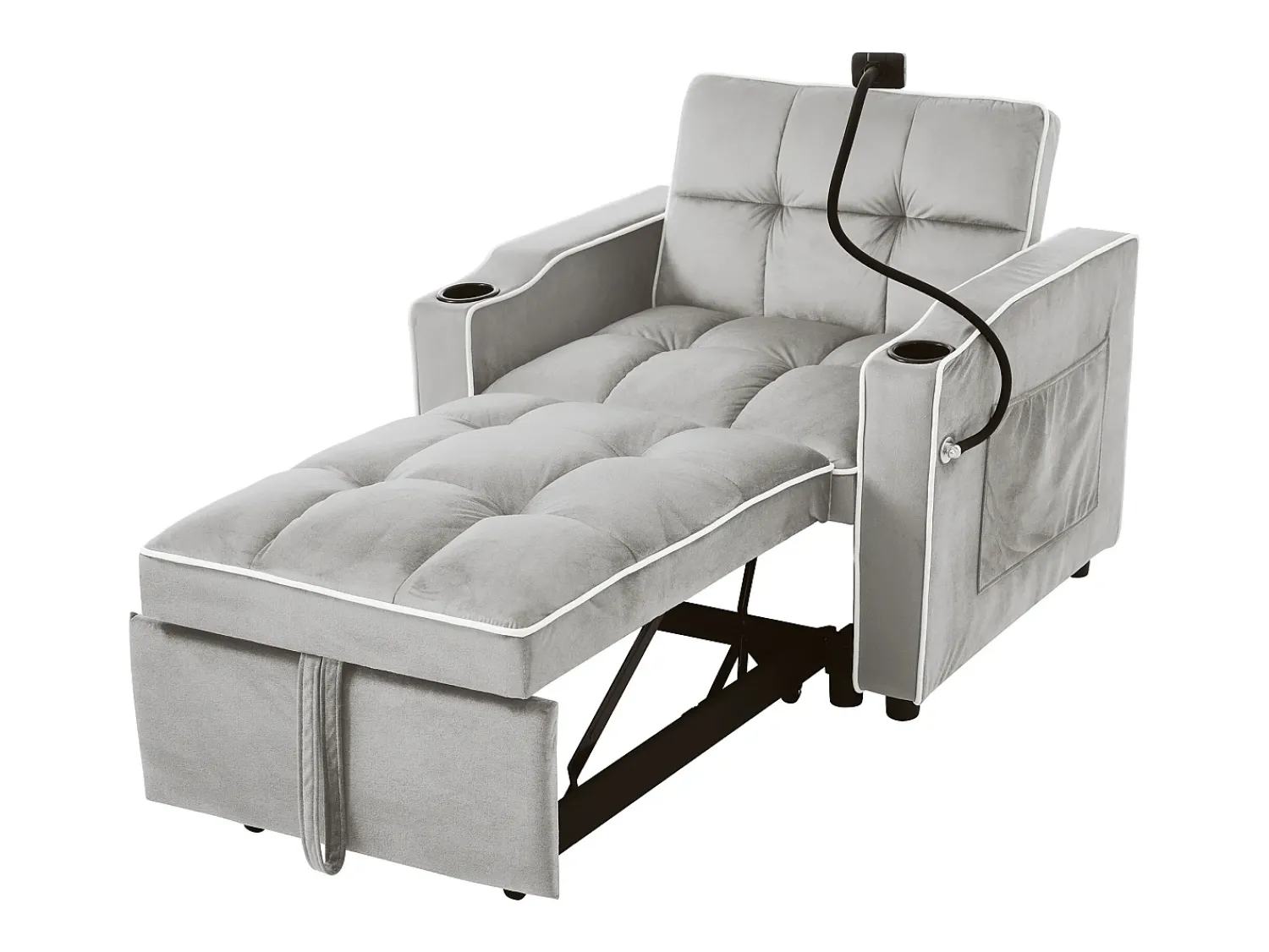 Poltrona| Sofá de 1 lugar - Poltrona com suporte para copos e suporte para telemóvel - veludo cinza e branco Cinzento claro