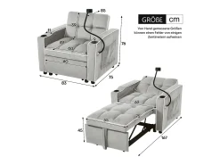 Poltrona| Sofá de 1 lugar - Poltrona com suporte para copos e suporte para telemóvel - veludo cinza e branco Cinzento claro