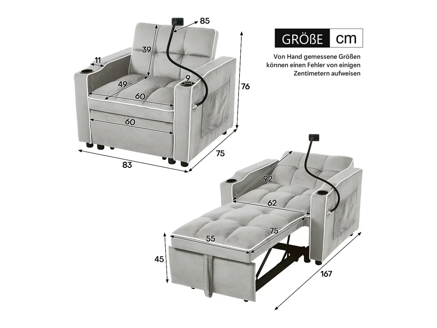 Poltrona| Sofá de 1 lugar - Poltrona com suporte para copos e suporte para telemóvel - veludo cinza e branco Cinzento claro