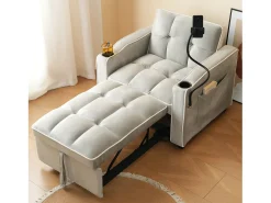 Poltrona| Sofá de 1 lugar - Poltrona com suporte para copos e suporte para telemóvel - veludo cinza e branco Cinzento claro