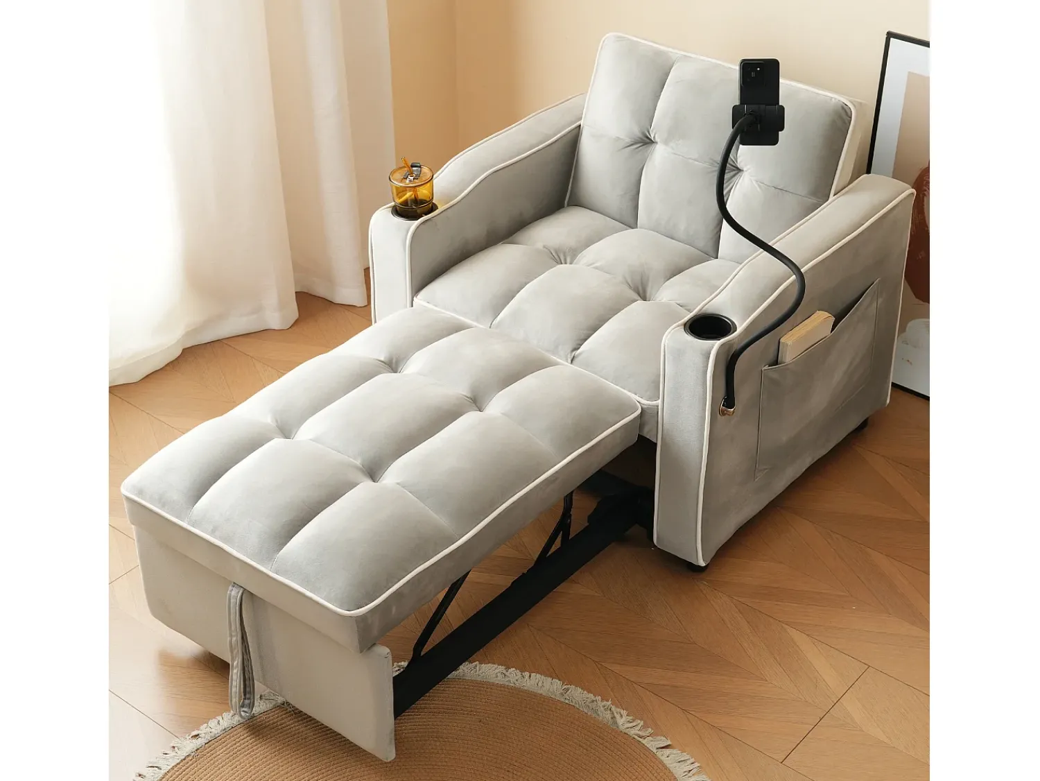 Poltrona| Sofá de 1 lugar - Poltrona com suporte para copos e suporte para telemóvel - veludo cinza e branco Cinzento claro