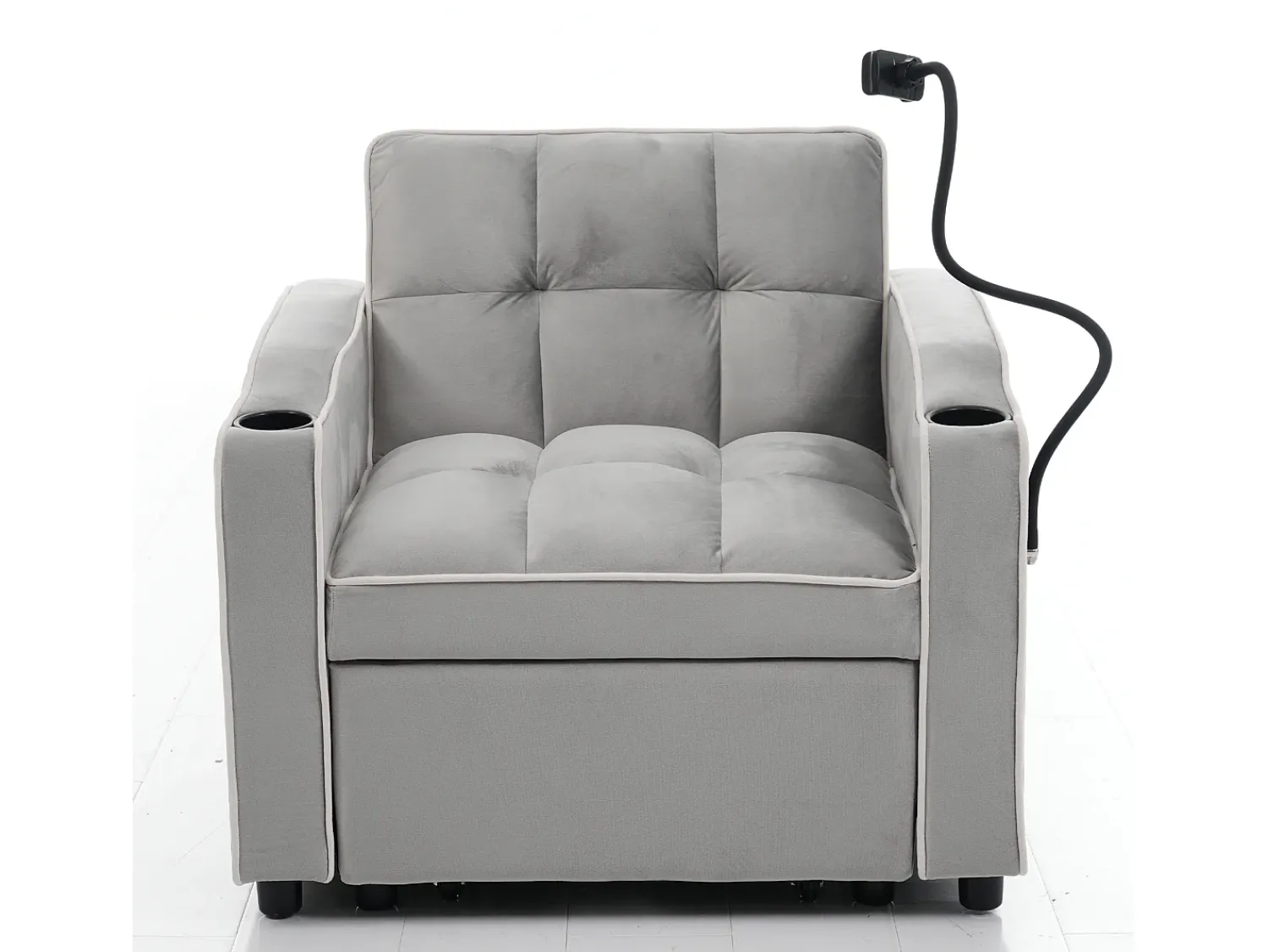 Poltrona| Sofá de 1 lugar - Poltrona com suporte para copos e suporte para telemóvel - veludo cinza e branco Cinzento claro