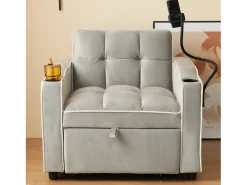 Poltrona| Sofá de 1 lugar - Poltrona com suporte para copos e suporte para telemóvel - veludo cinza e branco Cinzento claro