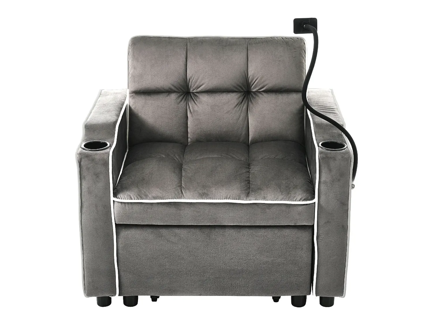 Sofá de 1 lugar - Poltrona com suporte para copos e suporte para telemóvel - veludo cinza escuro^ Poltrona