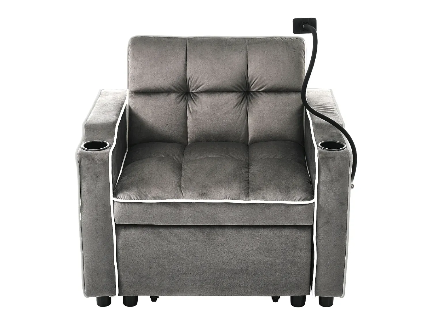 Sofá de 1 lugar - Poltrona com suporte para copos e suporte para telemóvel - veludo cinza escuro^ Poltrona