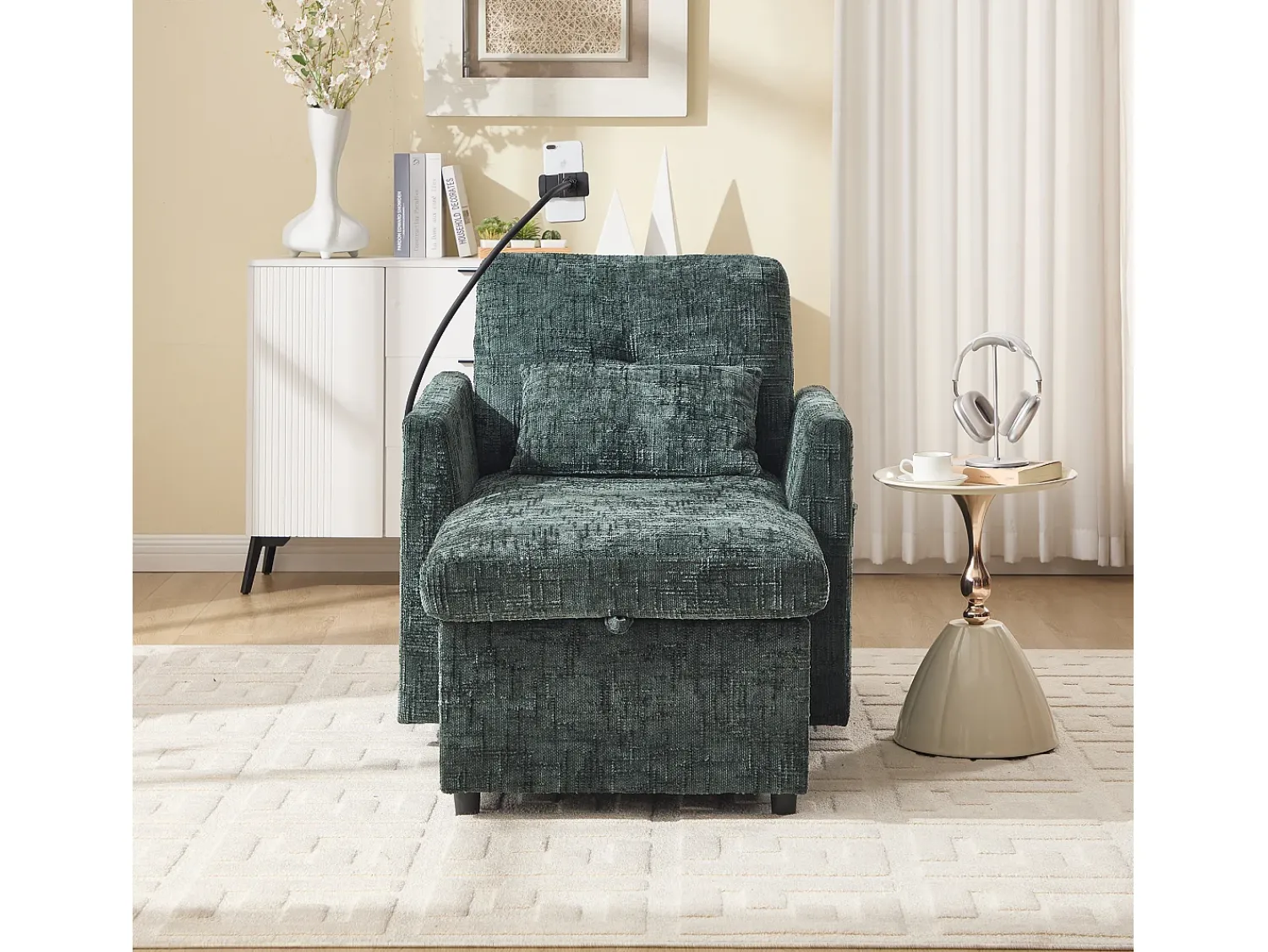 Sofá| Sofá de 1 lugar com 2 bolsos laterais - Sofá para sala de estar com suporte para telemóvel e compartimento oculto - chenille Verde