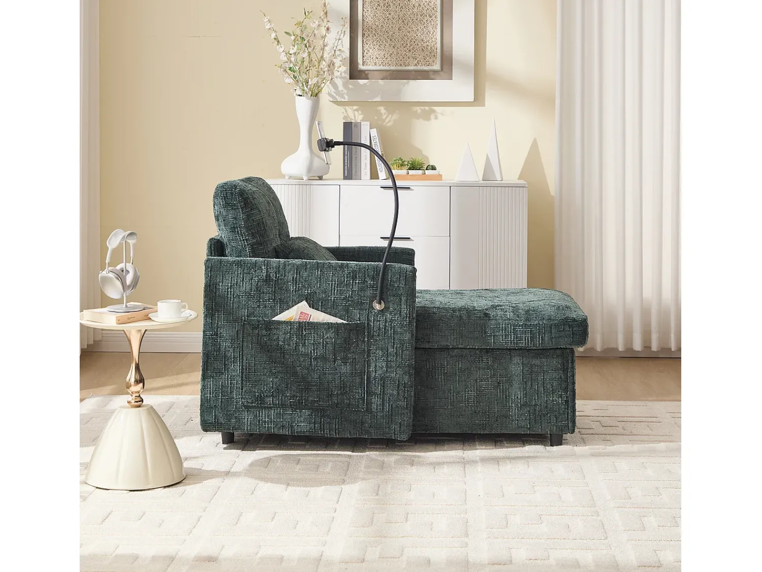 Sofá| Sofá de 1 lugar com 2 bolsos laterais - Sofá para sala de estar com suporte para telemóvel e compartimento oculto - chenille Verde