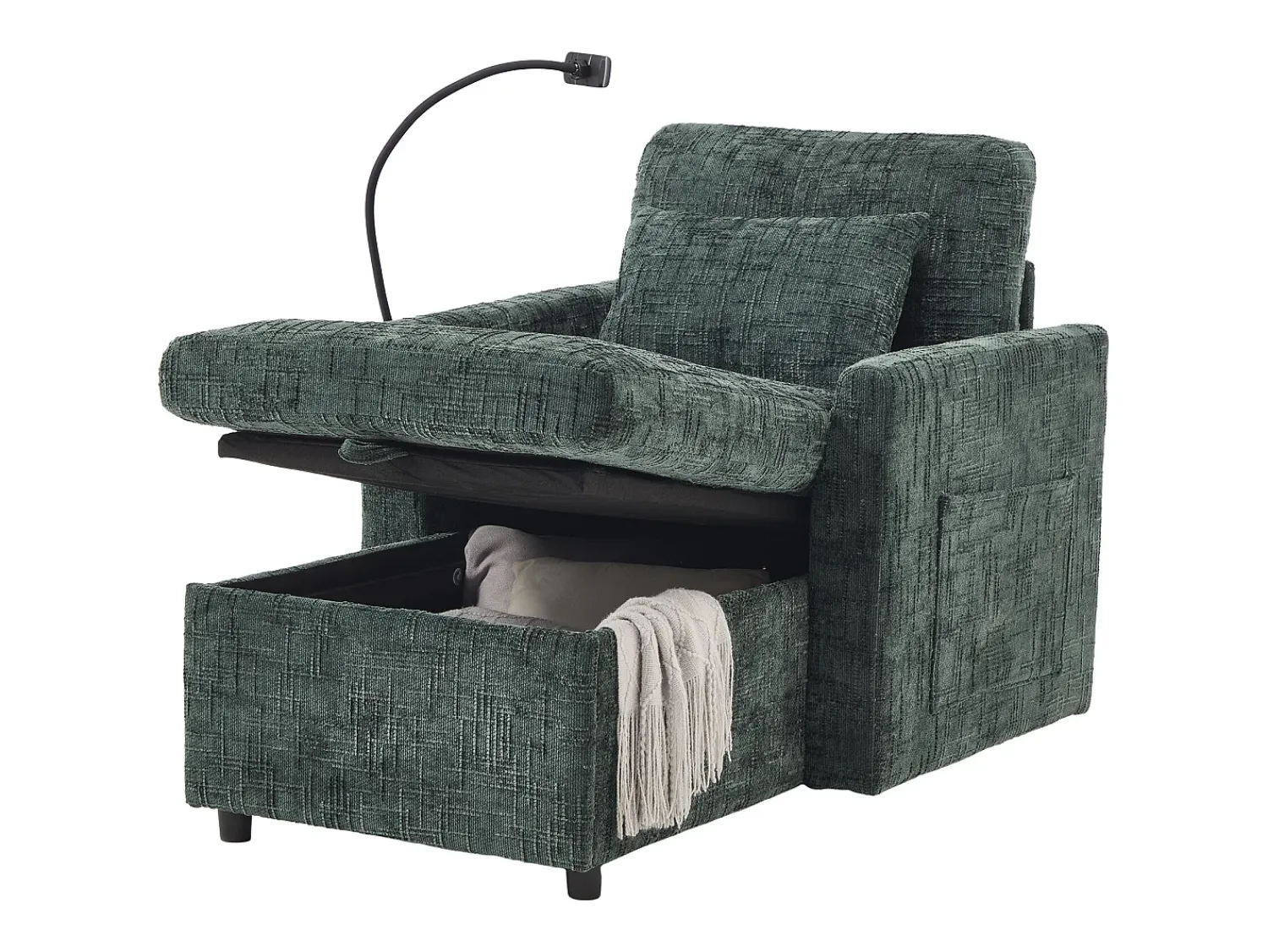 Sofá| Sofá de 1 lugar com 2 bolsos laterais - Sofá para sala de estar com suporte para telemóvel e compartimento oculto - chenille Verde