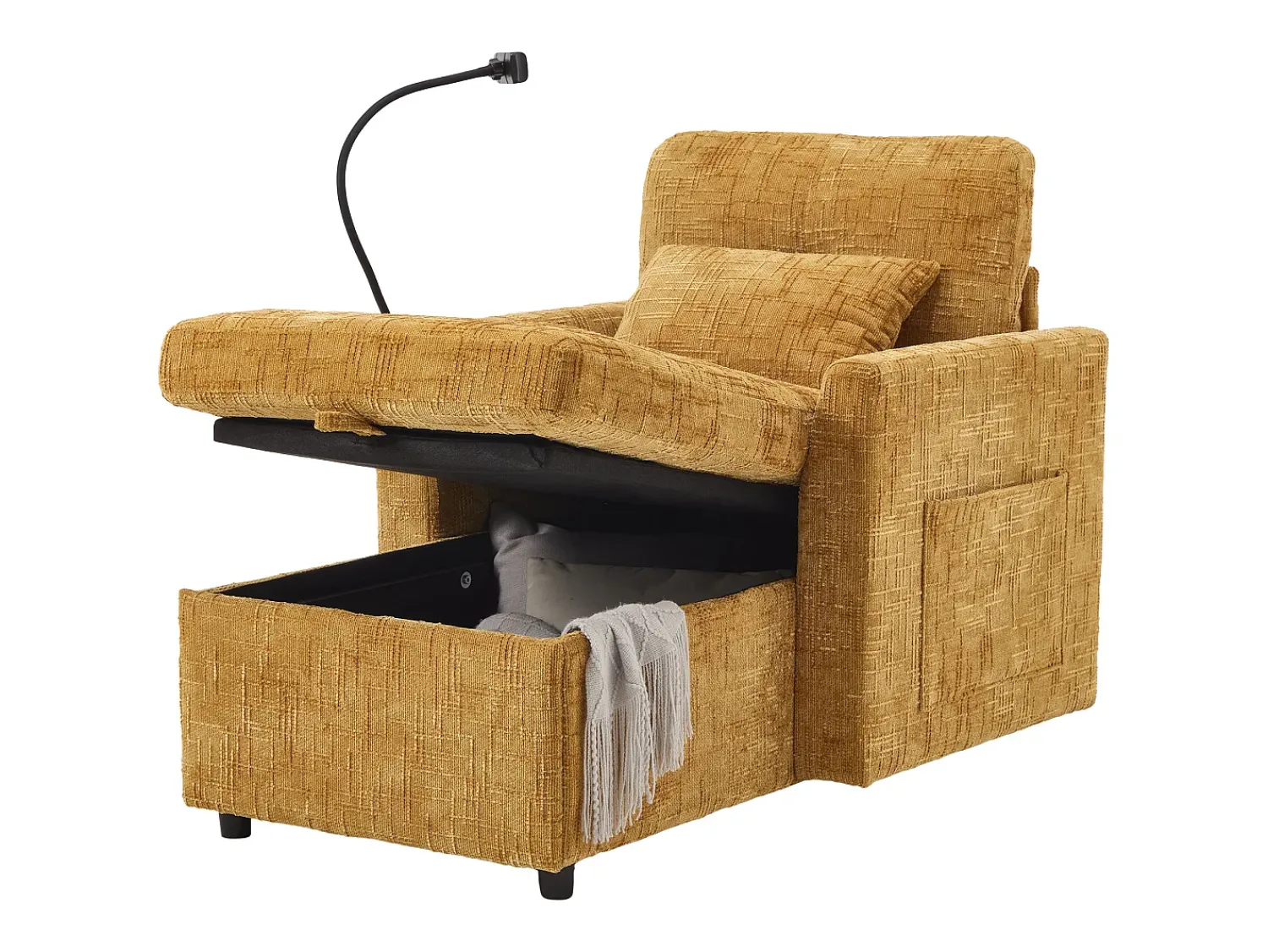 Sofá de 1 lugar com 2 bolsos laterais - Sofá para sala de estar com suporte para telemóvel e compartimento oculto - chenille^ Sofá