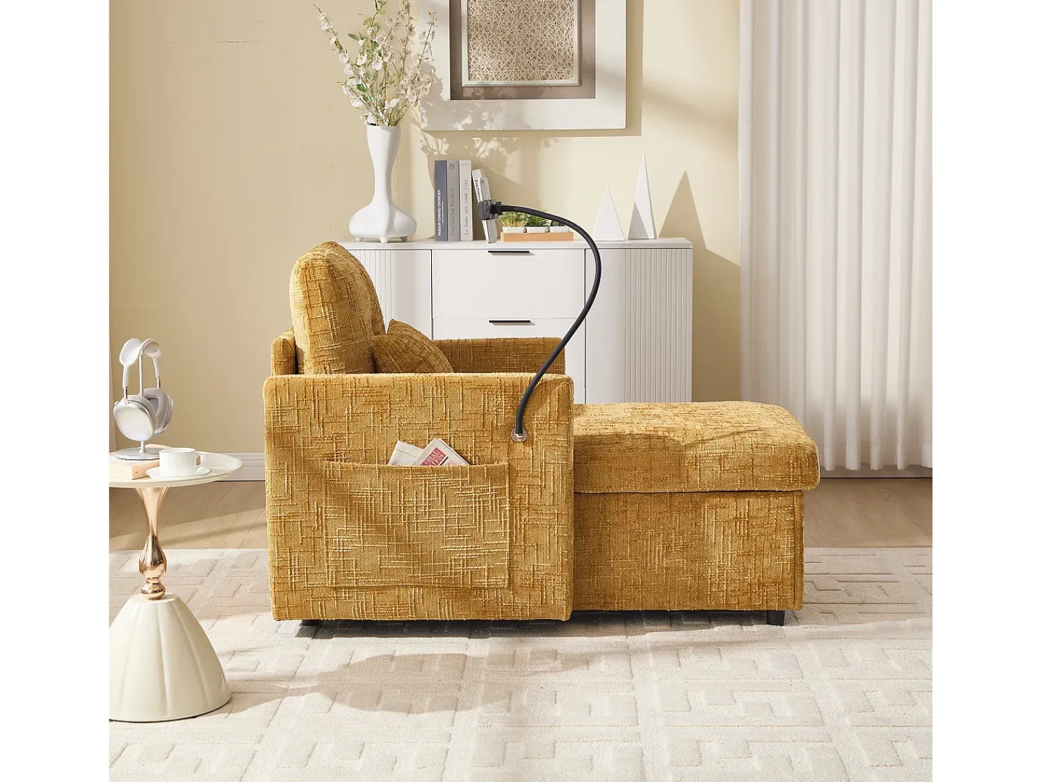 Sofá de 1 lugar com 2 bolsos laterais - Sofá para sala de estar com suporte para telemóvel e compartimento oculto - chenille^ Sofá