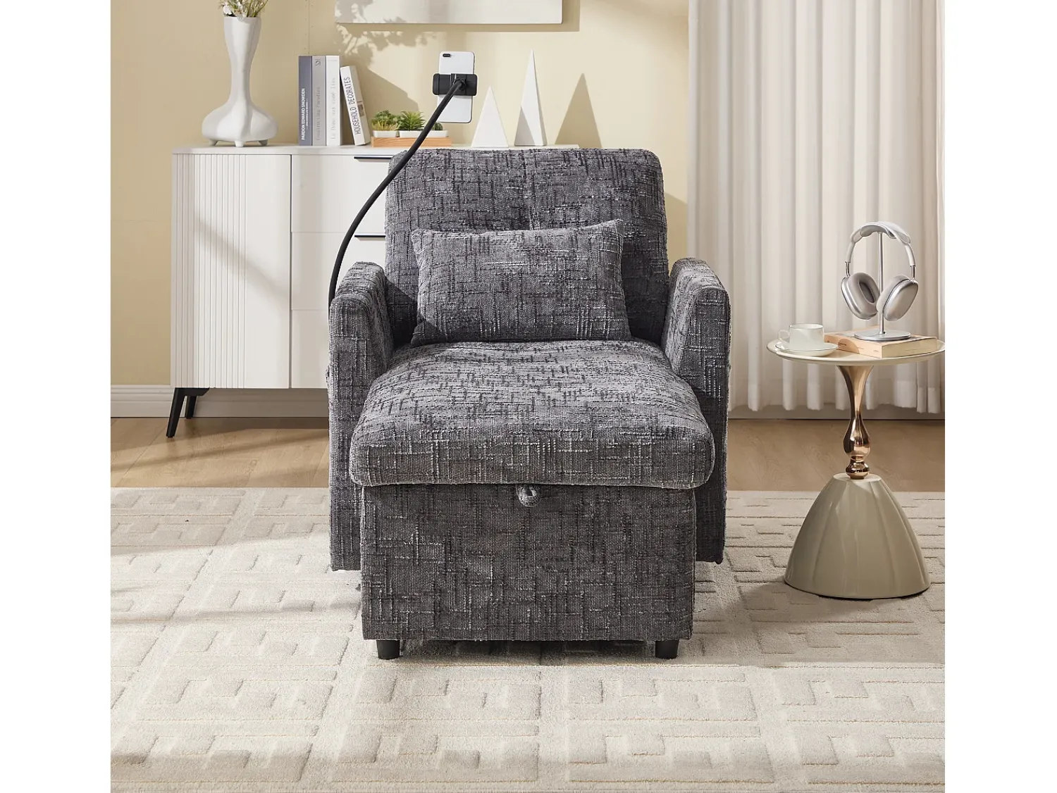 Sofá de 1 lugar com 2 bolsos laterais - Sofá para sala com Suporte para telemóvel e compartimento oculto - chenille^ Sofá