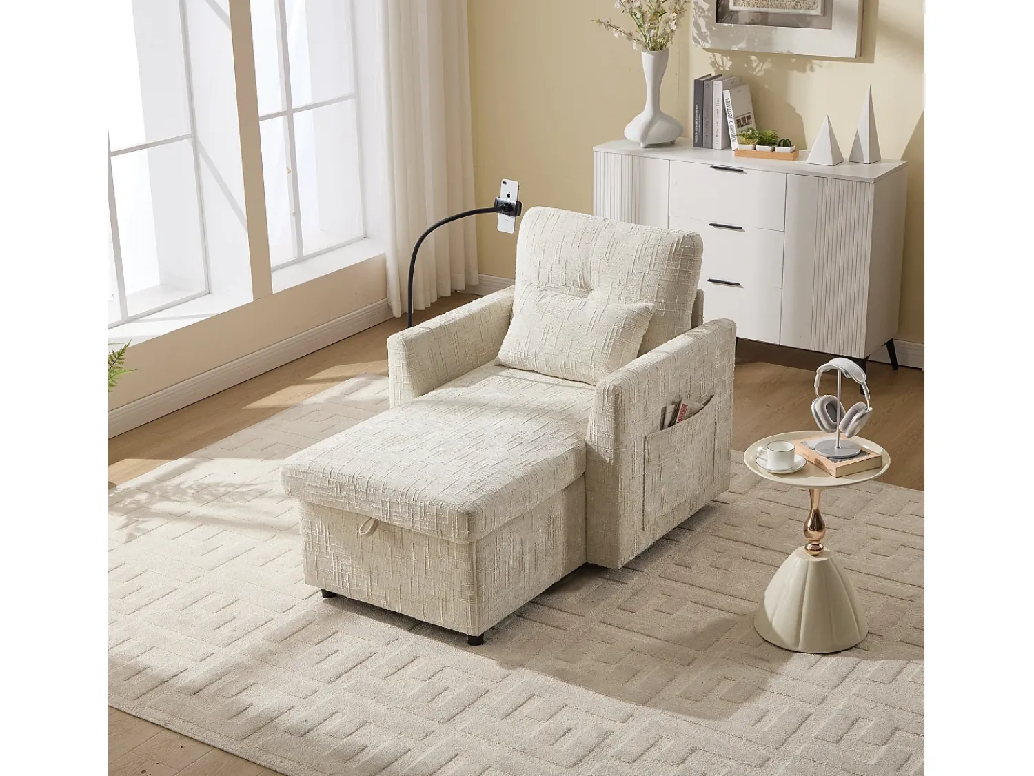 Best Sofá de 1 lugar com 2 bolsos laterais - Sofá para sala com suporte para telemóvel e compartimento oculto - chenille Bege