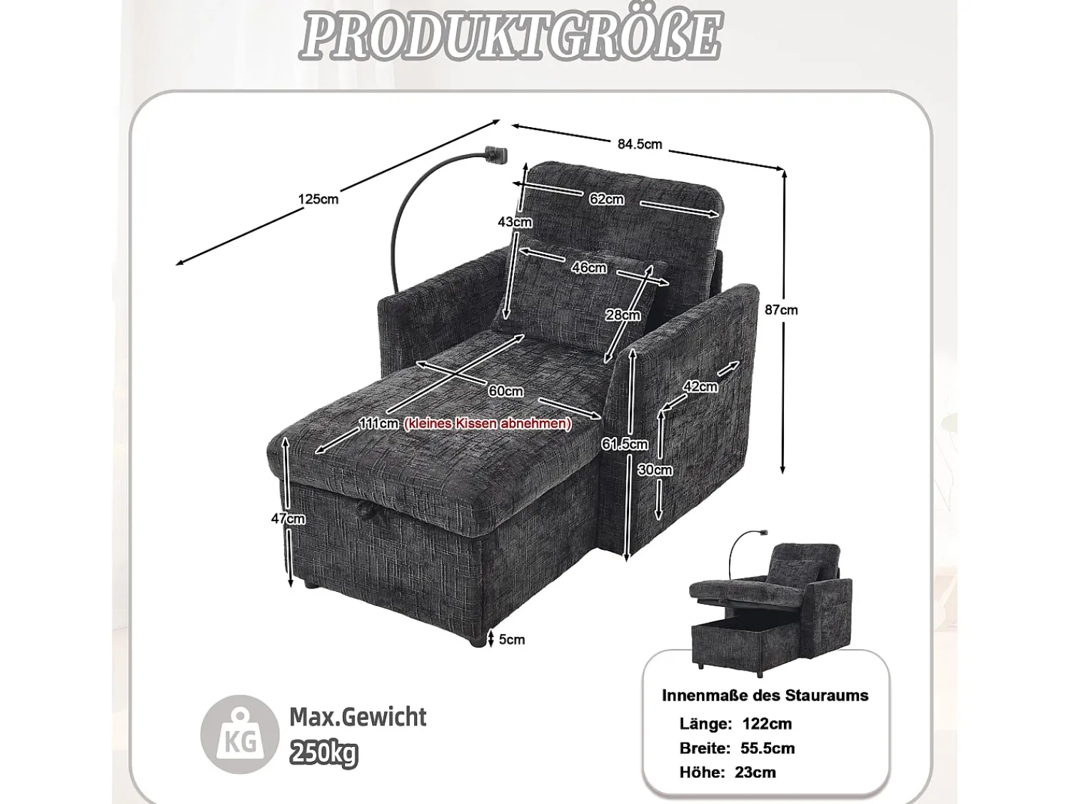 Sofá| Sofá de 1 lugar com 2 bolsos laterais - Sofá para sala de estar com suporte para telemóvel e compartimento oculto - chenille Preto