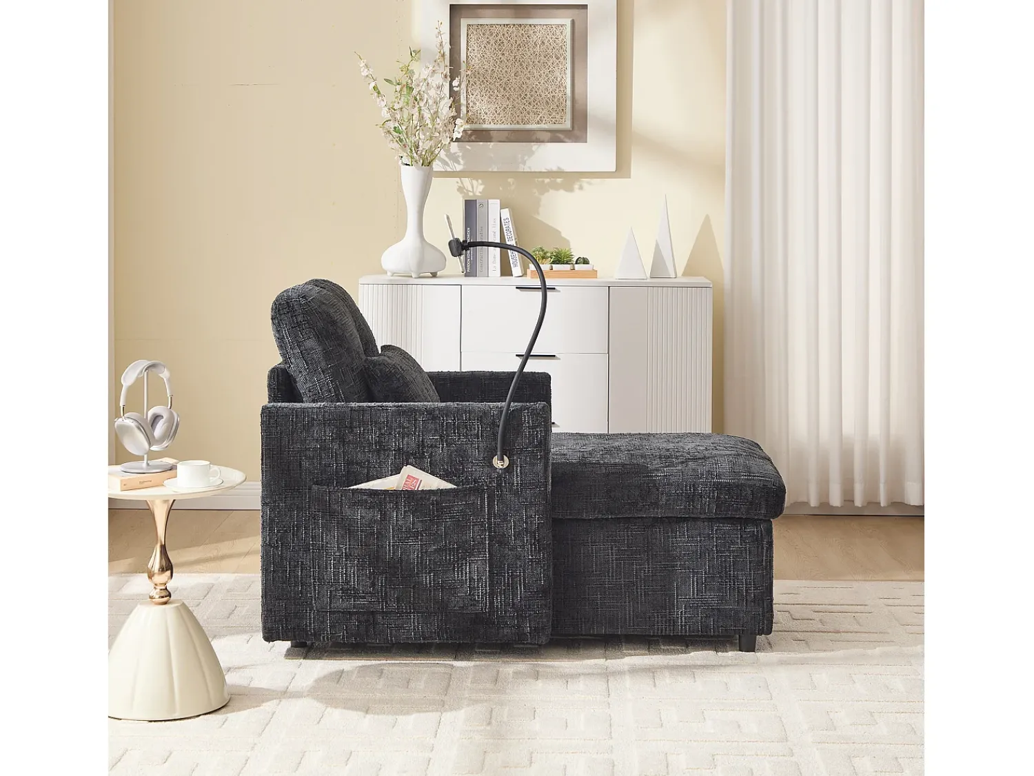 Sofá| Sofá de 1 lugar com 2 bolsos laterais - Sofá para sala de estar com suporte para telemóvel e compartimento oculto - chenille Preto