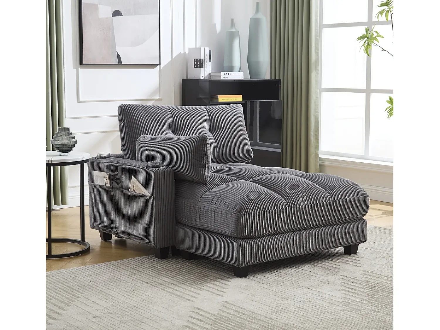 Sofá* Sofá de 1 lugar com braços - Sofá de relaxamento com 2 bases para copos e bolsos laterais - bombazine Cinzento