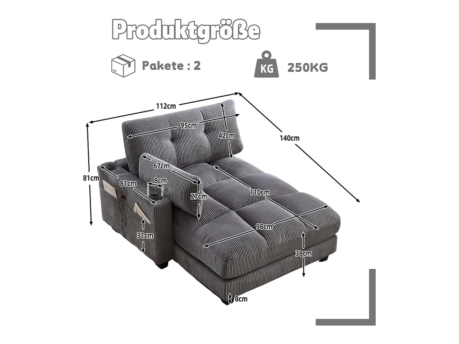 Sofá* Sofá de 1 lugar com braços - Sofá de relaxamento com 2 bases para copos e bolsos laterais - bombazine Cinzento