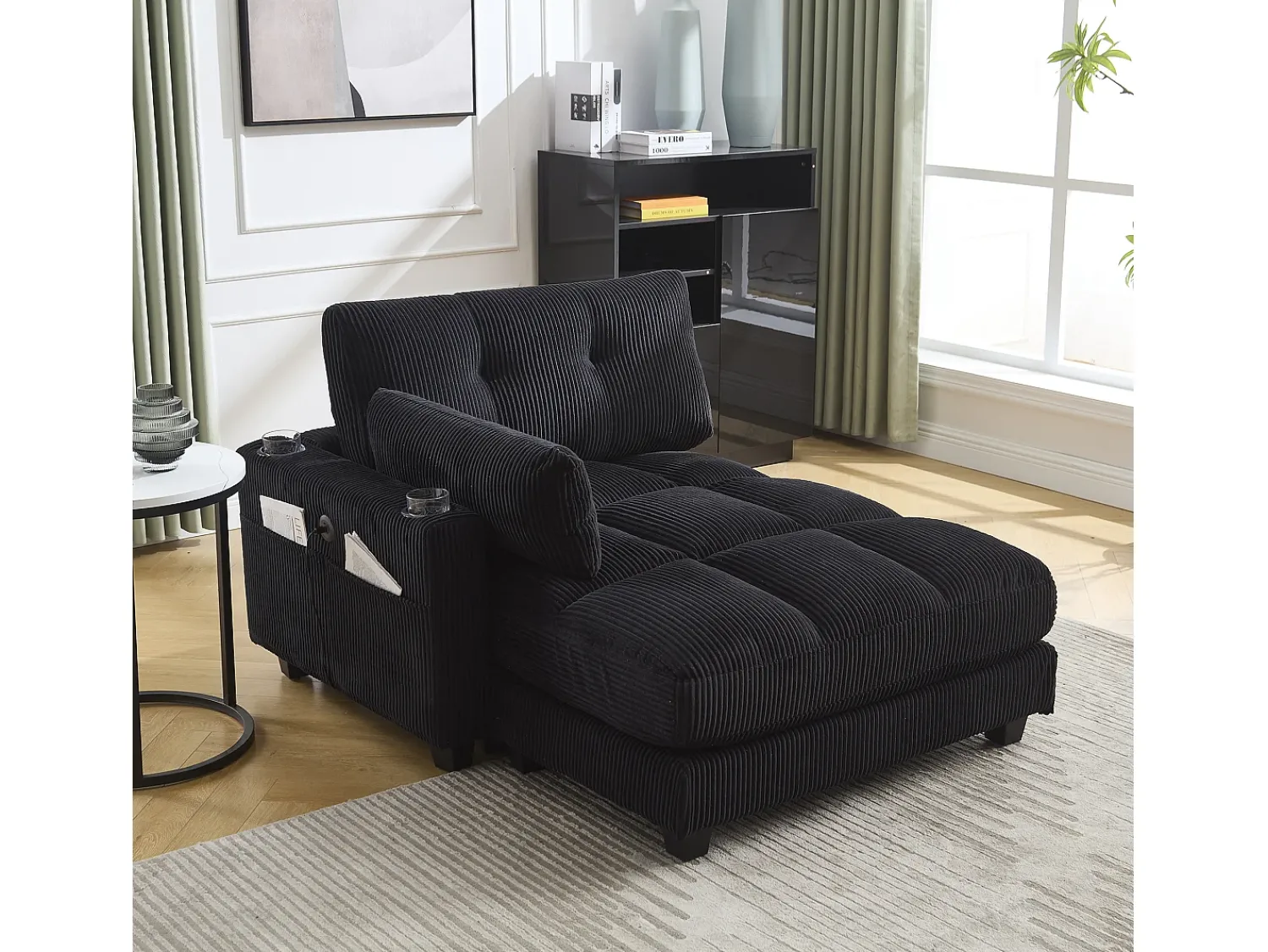 Sofá| Sofá de 1 lugar com braços - Sofá de relaxamento com 2 bases para copos e bolsos laterais - bombazine Preto