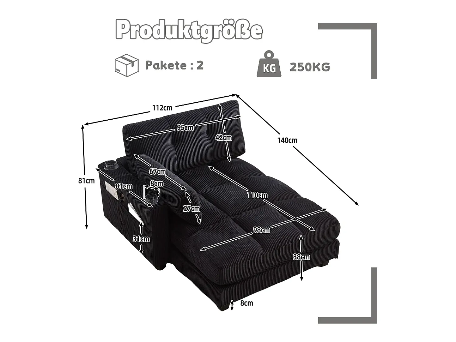 Sofá| Sofá de 1 lugar com braços - Sofá de relaxamento com 2 bases para copos e bolsos laterais - bombazine Preto