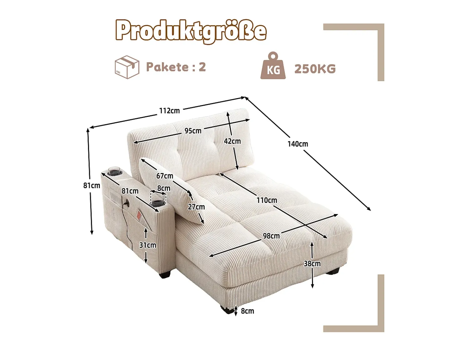 Sofá de 1 lugar com braços - Sofá de relaxamento com 2 bases para copos e bolsos laterais - bombazine Bege